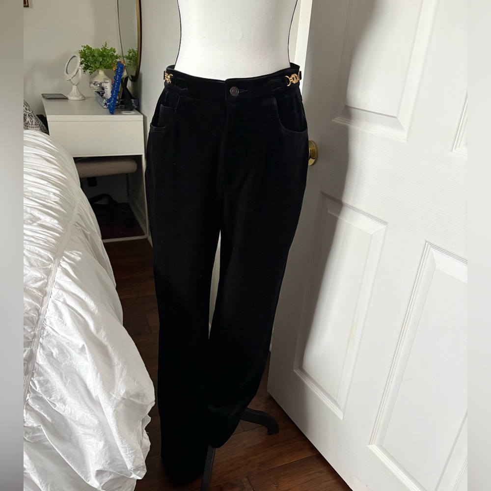 Black Velvet Straight Leg Pants Gold Hardware 28” Waist